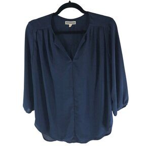 Pleione Womens Navy Blue 3/4 Sleeve Popover Blouse Top V Neck S